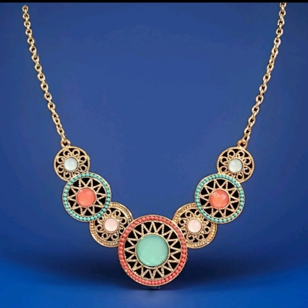 Sun Symbol Necklace with Multicolored Stones Teal Coral 18"-21" EUC